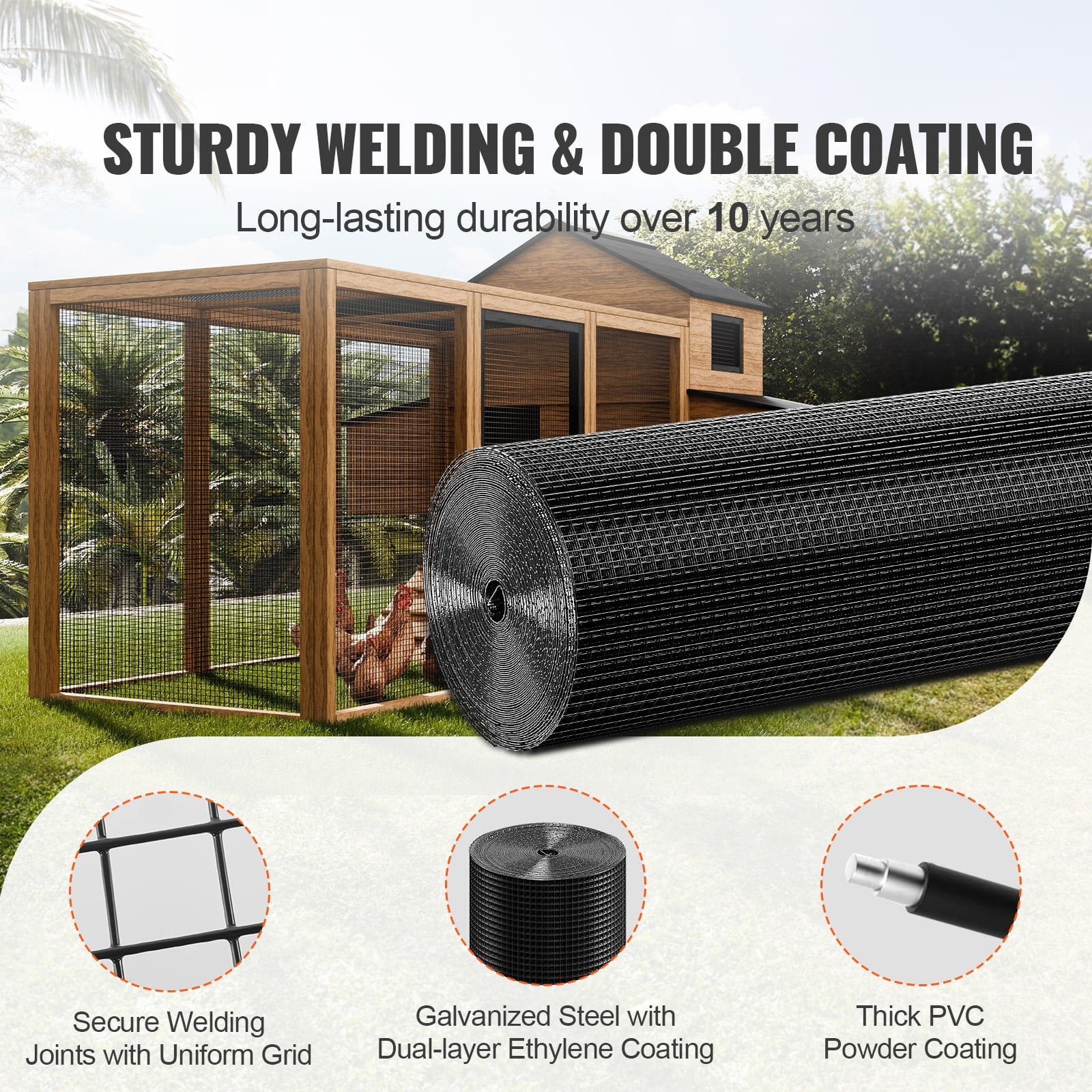 KFFKFF Hardware Fabric, 48'' x 100' Zinc-Coated Wire Mesh Roll, 19 Gauge Poultry Netting Roll, Plastic Coated Metal Wire Grid for Hen House Protection, Rabbit Snake Barriers, Bird Housing