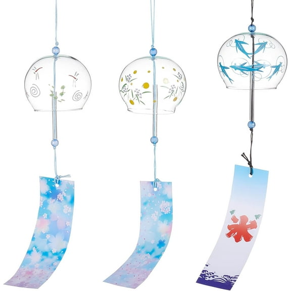 1 Set 3Pcs 3 Style Animal Pattern Japanese Wind Chimes Light Sky Blue Glass Wind Bells Handmade Pendants for Birthday Gift and Home Decors