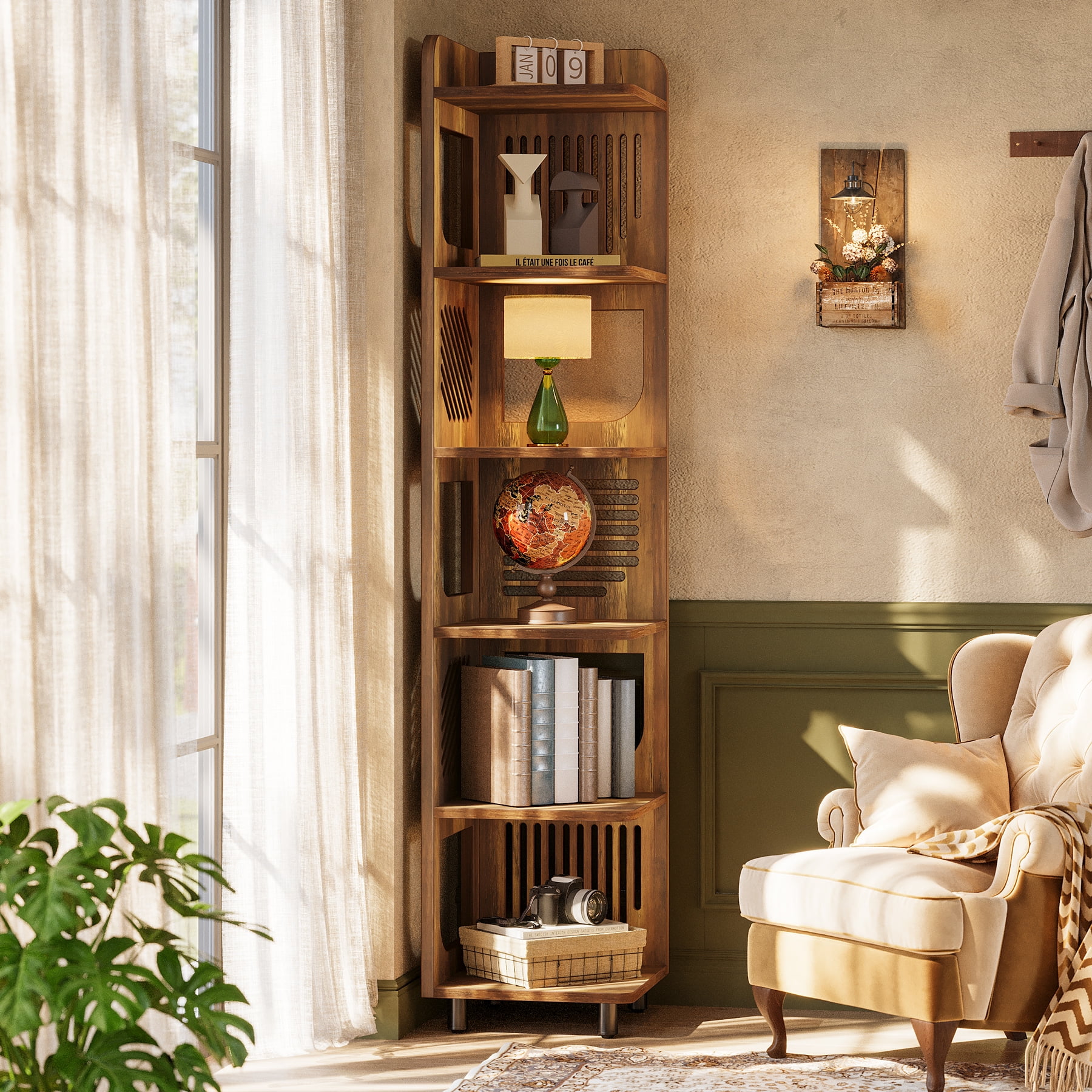 Finmind 71-Inch Rustic 6-Tier Corner Shelf Stand, Tall Narrow Corner Bookshelf Storage Rack, Plant Stand Display Shelf Organizer for Home and Office, Yellow