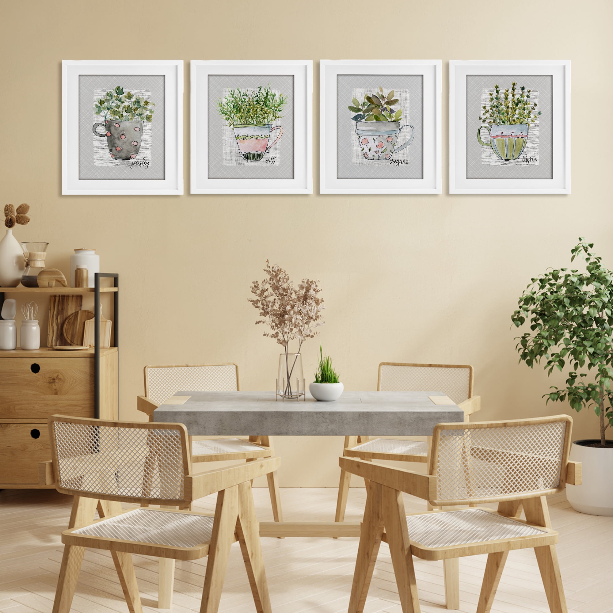 Stupell Industries Kitchen Herbs in Mugs 4 Piece White Framed Print Under Glass Set, design by Livi Finn