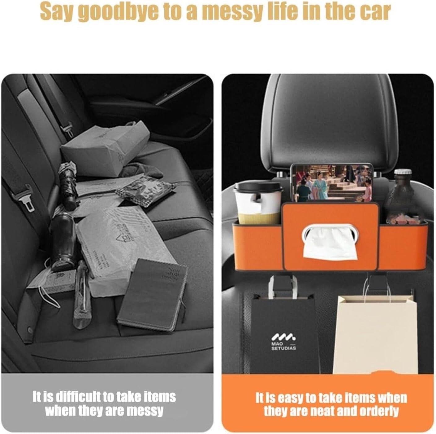 Car Organizers and Storage Box, 4 in 1 Multifunctional  Car Organizer and Storage Box Back Seat, Car Headrest Backseat Organizer for Hold Phone, Drinks, Handbag, Car Accessories