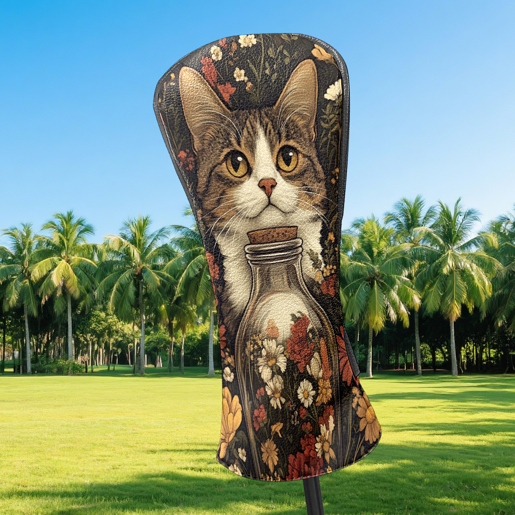 Golf Club Covers PU Leather Waterproof Head Covers for Fairway Woods Hybrids Cats And Flowers Unisex Fits Most Brands
