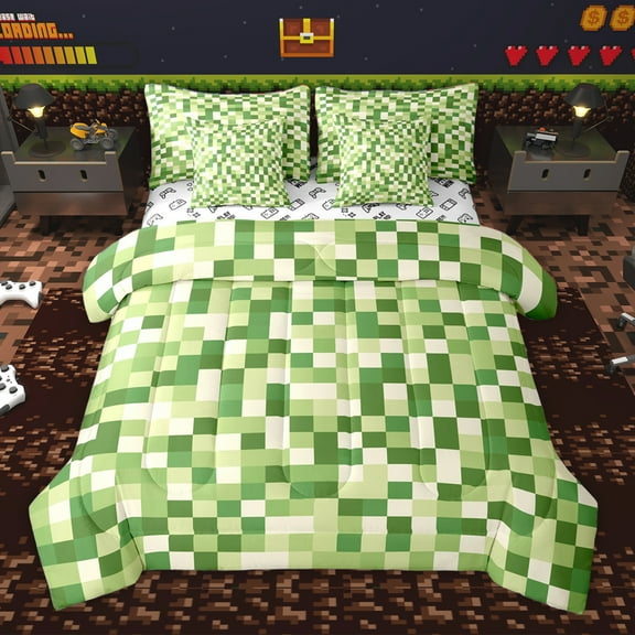 Homewish Pixel Artistic 7-Piece Twin Bedding Sets,Green Beige Bedding Comforter Set,Modern Geometric Aesthetic Sheet Sets For Girl Boys,Breathable Home Decor Reversible