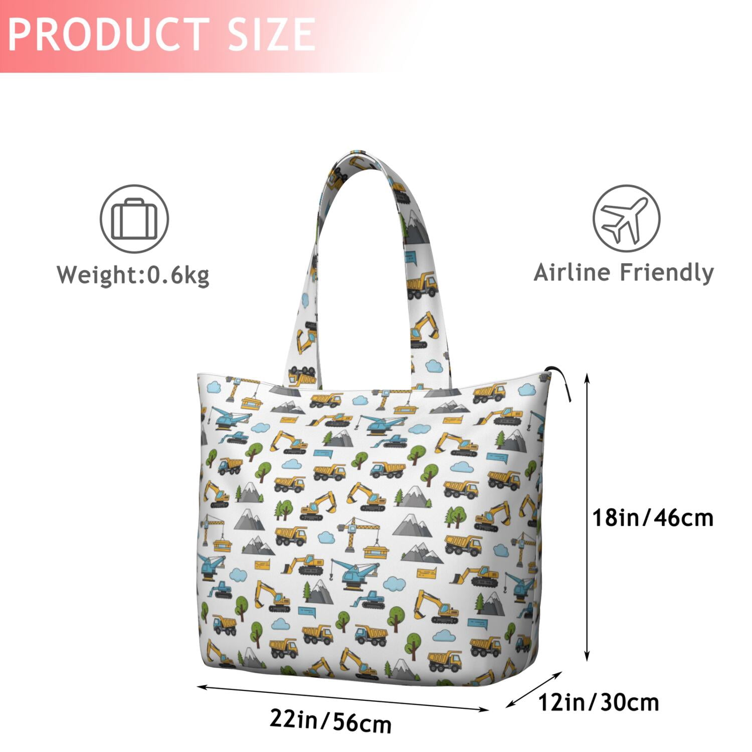 Cartoon Construction Vehicles Mountains White Pattern Travel Tote Bags for Women Carry On,Large Weekender Bags for Women Travel,Multi Functional Duffle Bag for Work,Shopping,Sports