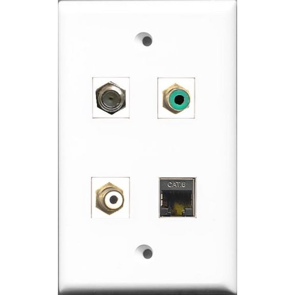RiteAV 1 Port RCA White and 1 Port RCA Green and 1 Port Coax Cable TV- F-Type and 1 Port Shielded Cat6 Ethernet Wall Plate