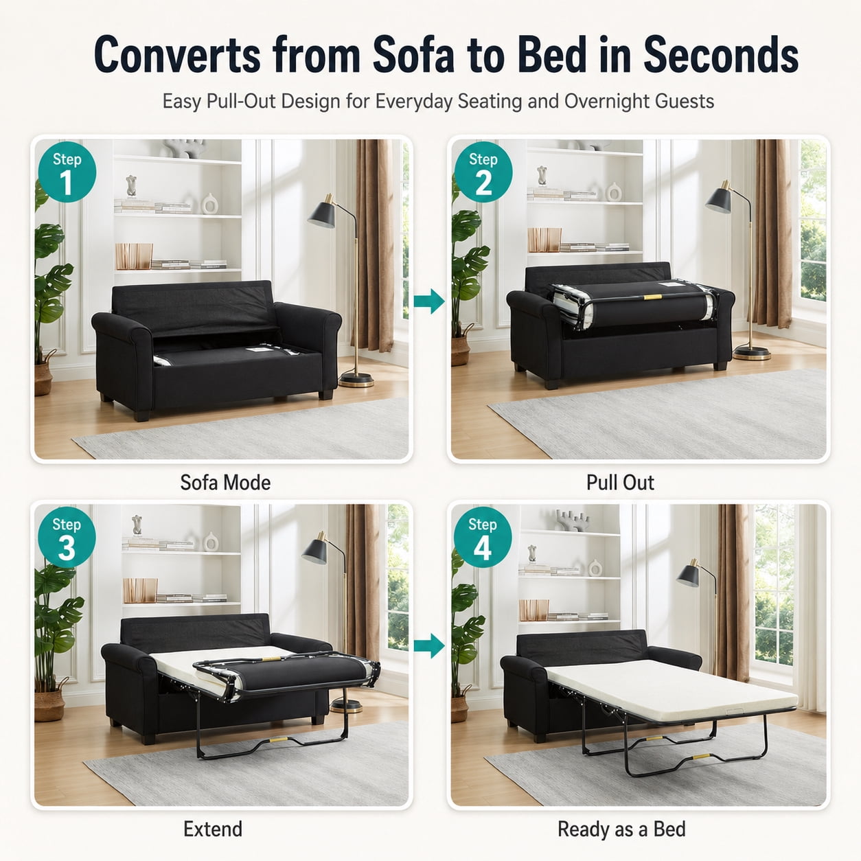 IDEK Pull Out Sofa Bed, 2-in-1 Convertible Loveseat Sleeper Couch with Side Pockets, Black