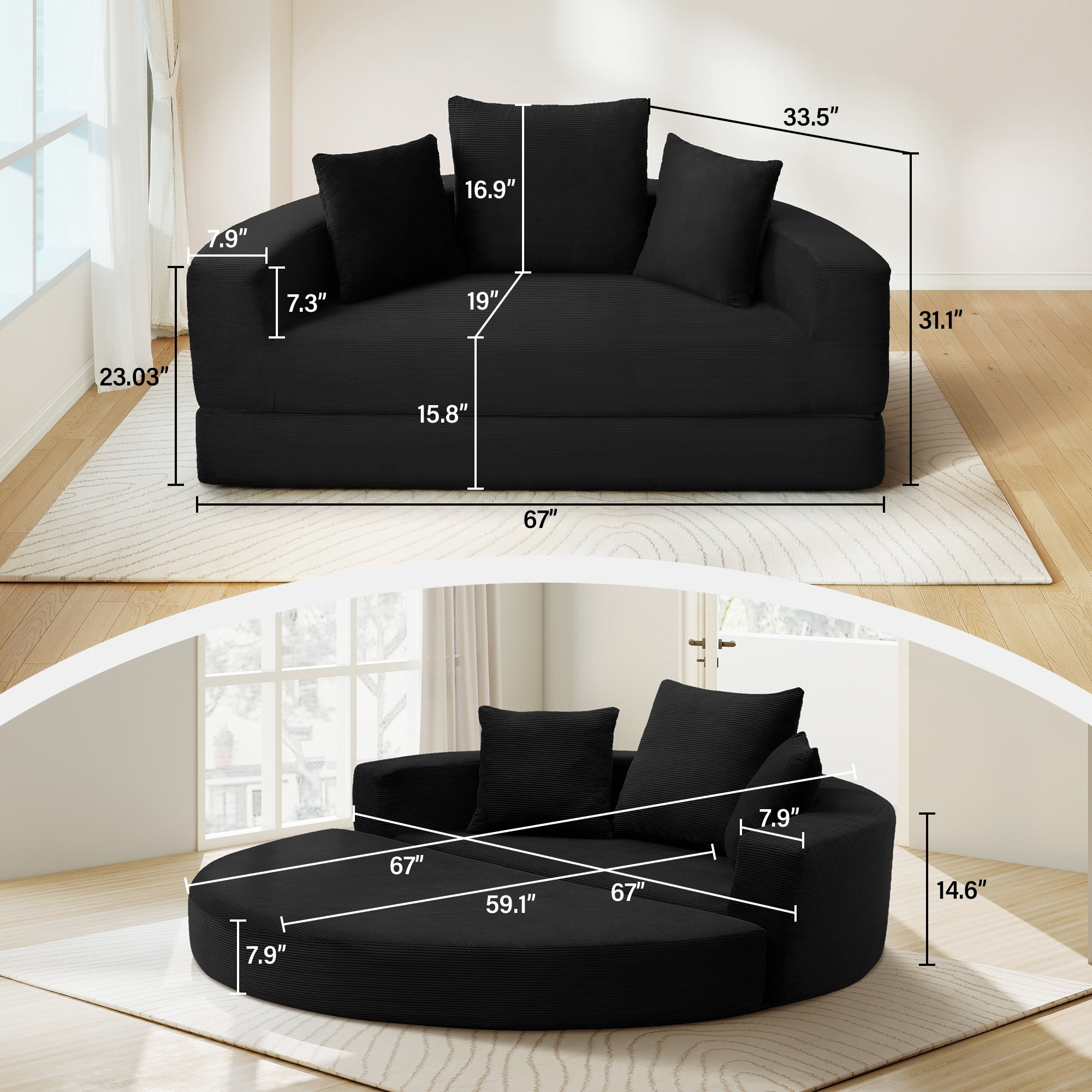Aukfa 67" Round Convertible Folding Sofa Bed, Corduroy Futon Sleeper Couch with Pillows for Small Spaces and Living Rooms, Black
