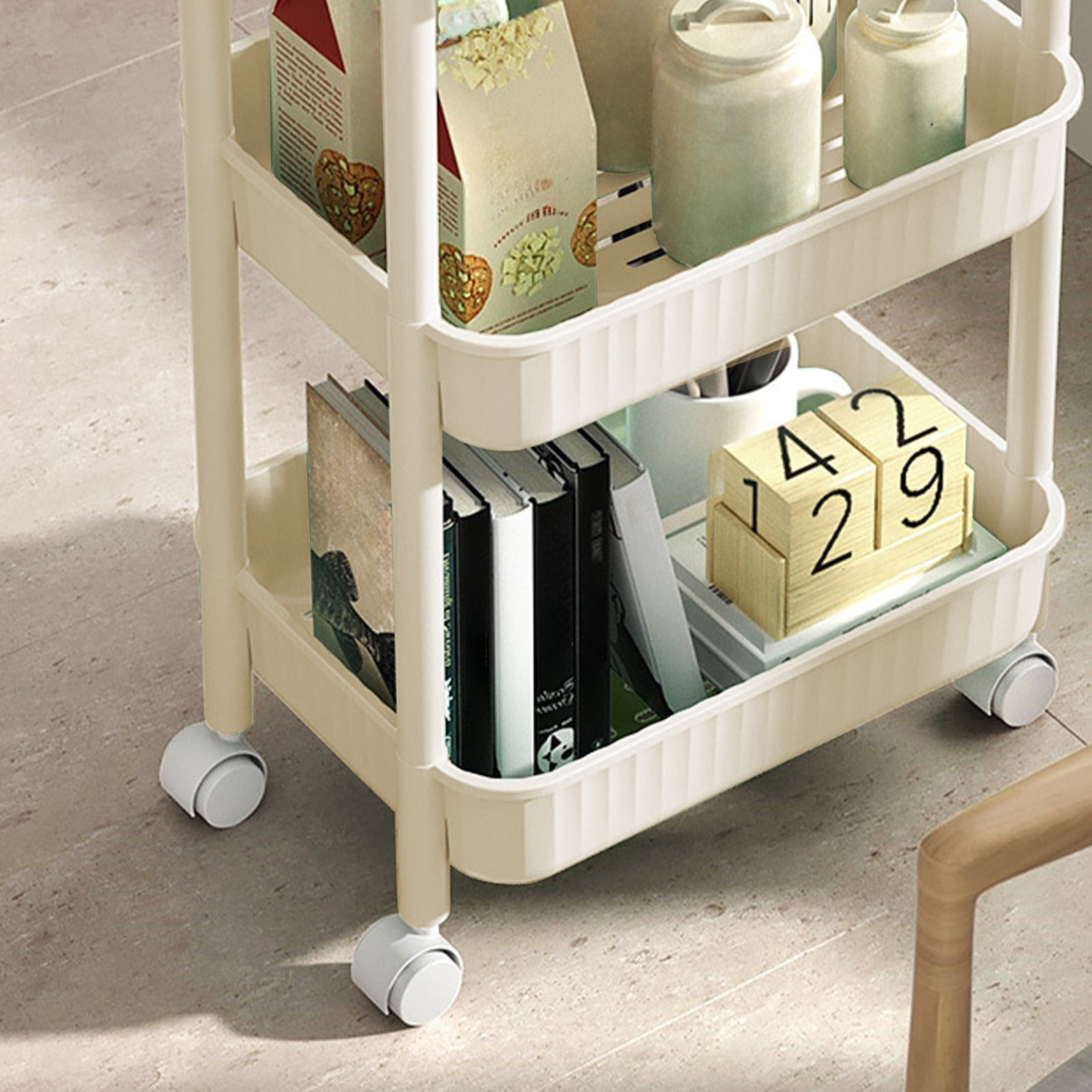 Two Tier Plastic Rolling Cart With Locking Swivel Casters, Lightweight Sturdy Large Capacity, Easy Assembly Handle Design, Mobile Storage, For Kitchen Office Bedroom Pantry Laundry Room Organization