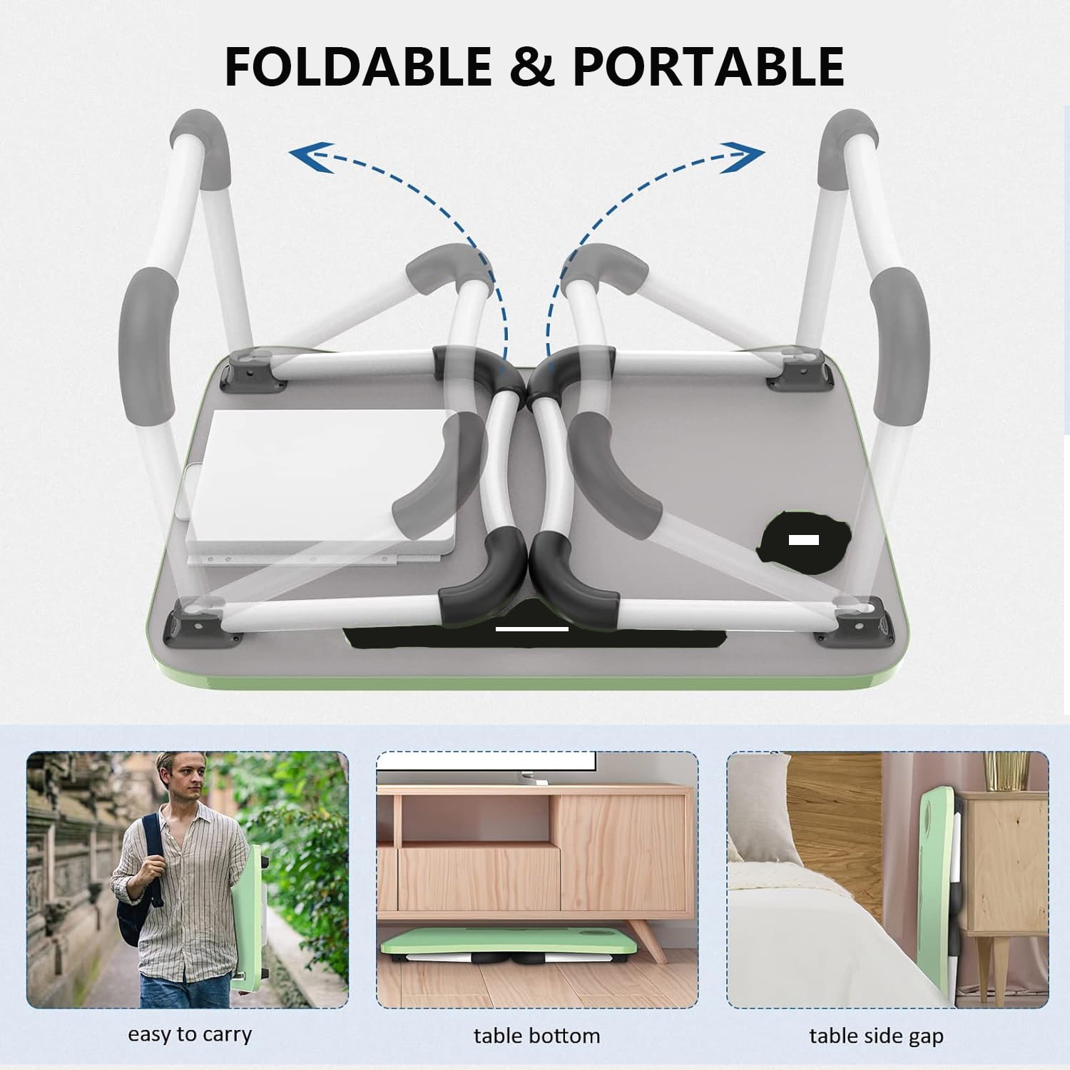 PHANCIR Foldable Lap Desk, 23.6 Inch Portable Wood Laptop Desk Table Workspace Organizer Bed Tray with iPad Slots, Cup Holder and Drawer, Anti-Slip for Working Reading Writing, Eating, Watching-Green