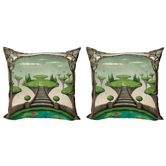 Ambesonne Fantasy Throw Pillow Cover 2 Pack, Hanging Islands Pond, 18", Umber Green Turquoise