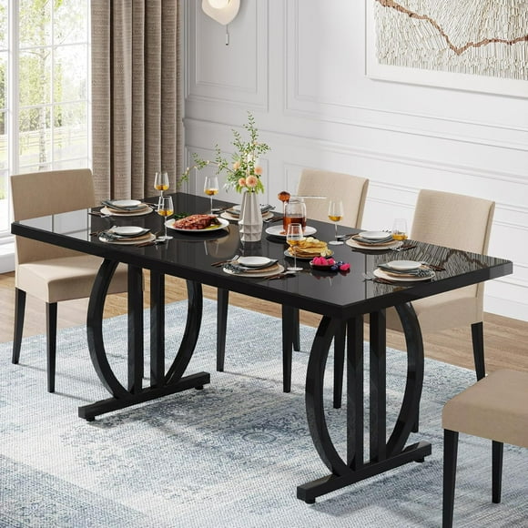 Tribesigns Dining Table for 4-6 People, 63-Inch Black Rectangular Wood Kitchen Table with Strong Metal Frame, Modern Industrial Dining Table Farmhouse Dinner Table for Home Kitchen Dining Room