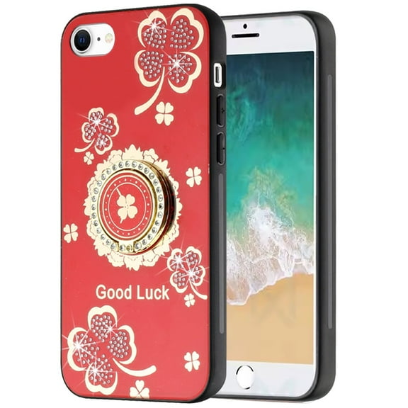 For Apple iPhone 16e Case, Diamonds 3D Fashion Floral Bling Sparkly Glitter Ornaments Engraving Hybrid with Ring Stand Phone Cover (Red Good Luck Floral)