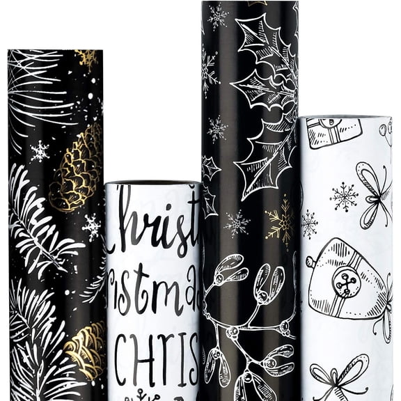 Gift Wrapping Paper Roll 58" x 23", Chalkboard-Style Holiday , Decorative Printed Gift Wrap, Easy Cut & Fold, Durable Paper for Birthday, Holiday, Party and DIY Crafts,4 Rolls