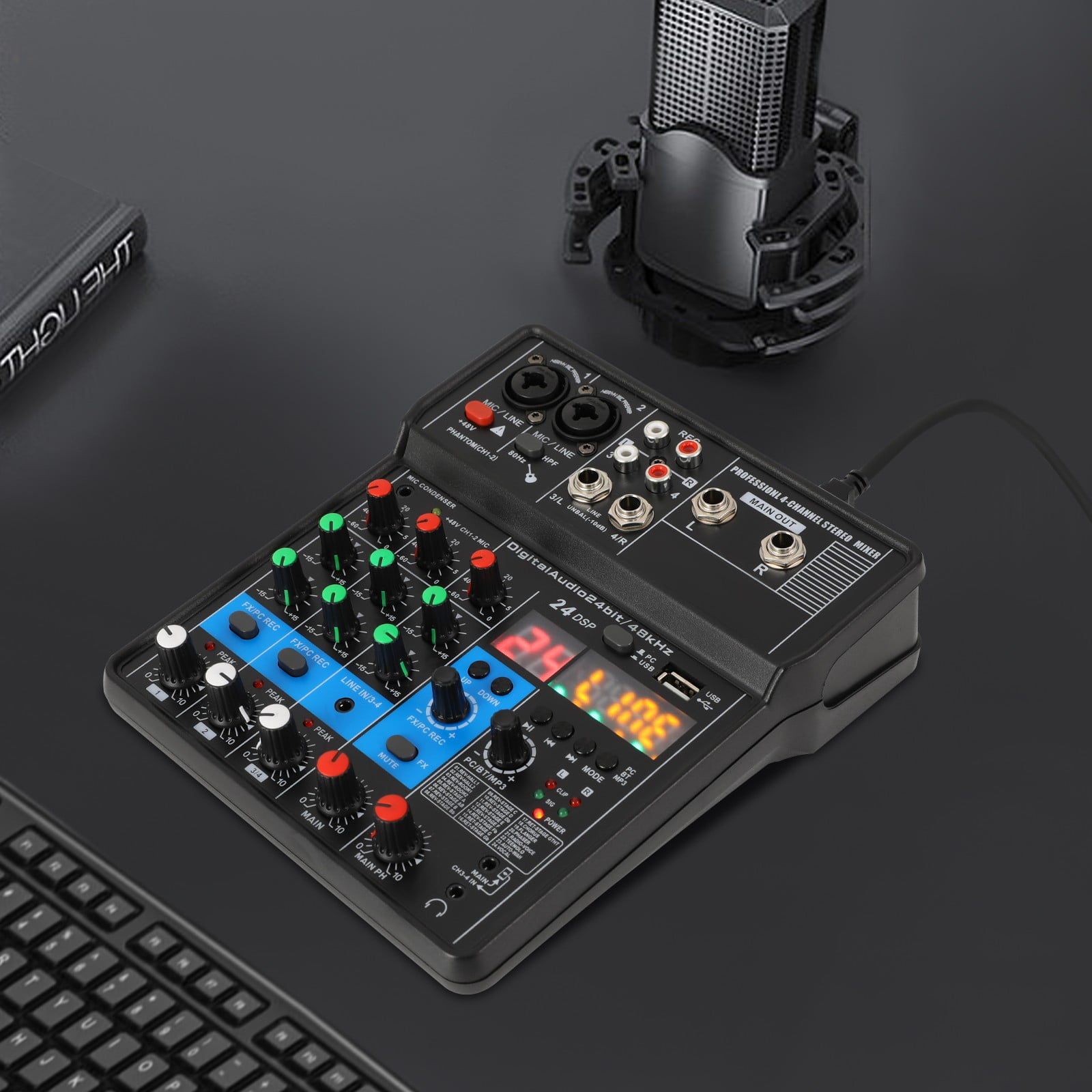 Black Mini 4-channel Audio DJ Mixer Console, Professional DJ Audio Mixer, 4-Channel DJ Controller Sound Mixer, 17*19.5*5cm/6.69*7.68*1.97 in