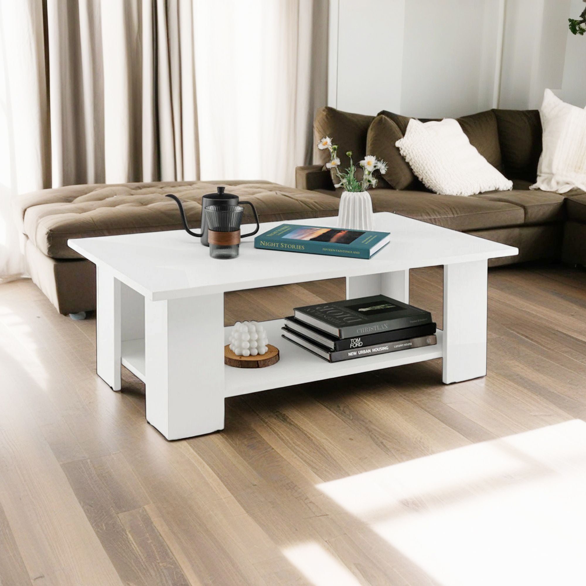 Demi Bonn 3-Piece Coffee Table Set, Large 36" 2-tier Wood Modern Side Table with Open Storage Shelf and Set of 2 End Table, Foot Pads, for Living Room, White