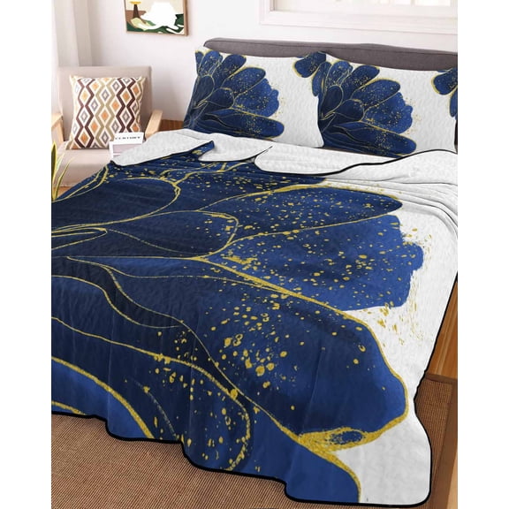 Navy Blue Gold King Size Down Alternative Comforter,Lightweight Comforter Quilt Bedding Set with Pillow Shams Abstract Line Art Troditional Ink Painting Bed Comforter Duvet Insert 96"x106"