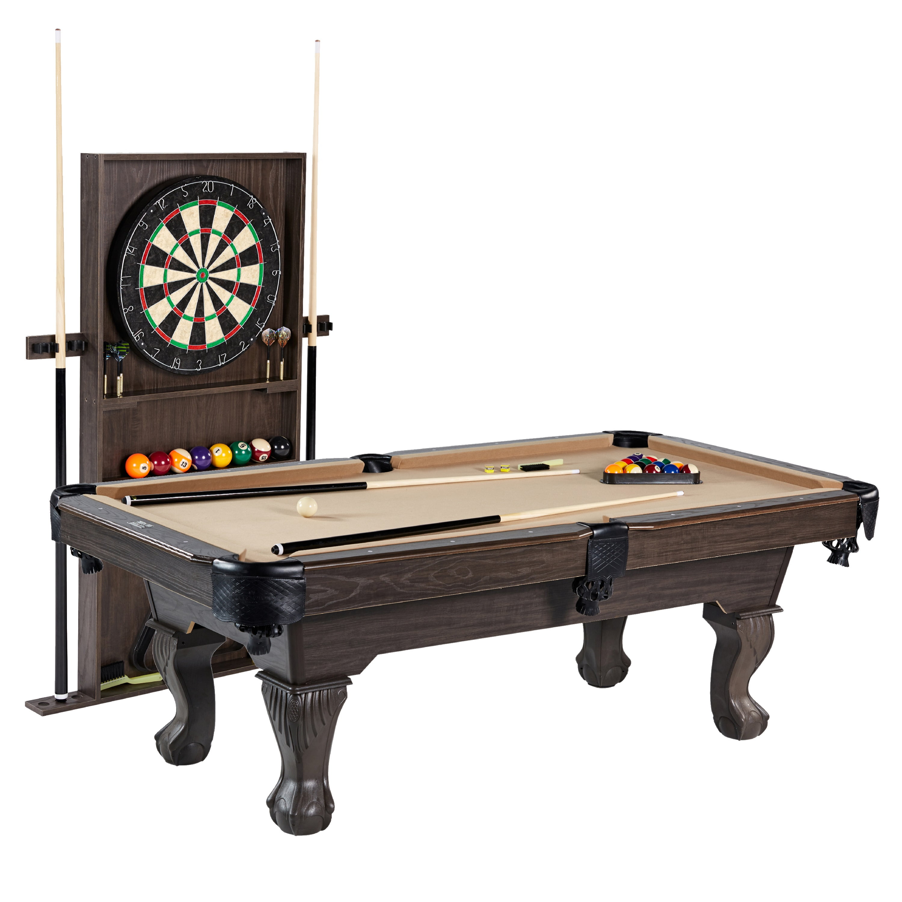 Barrington 90&quot; Ball and Claw Leg Pool Table with Cue Rack and Dartboard Set, Tan Cloth