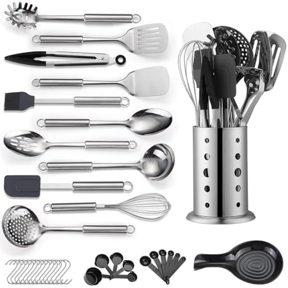 Kitchen Utensils Set, 39 Pieces Stainless Steel Cooking Utensils Set, Spoon Spatula Set with Sturdy Stainless Steel Utensil Holder, Dishwasher Safe