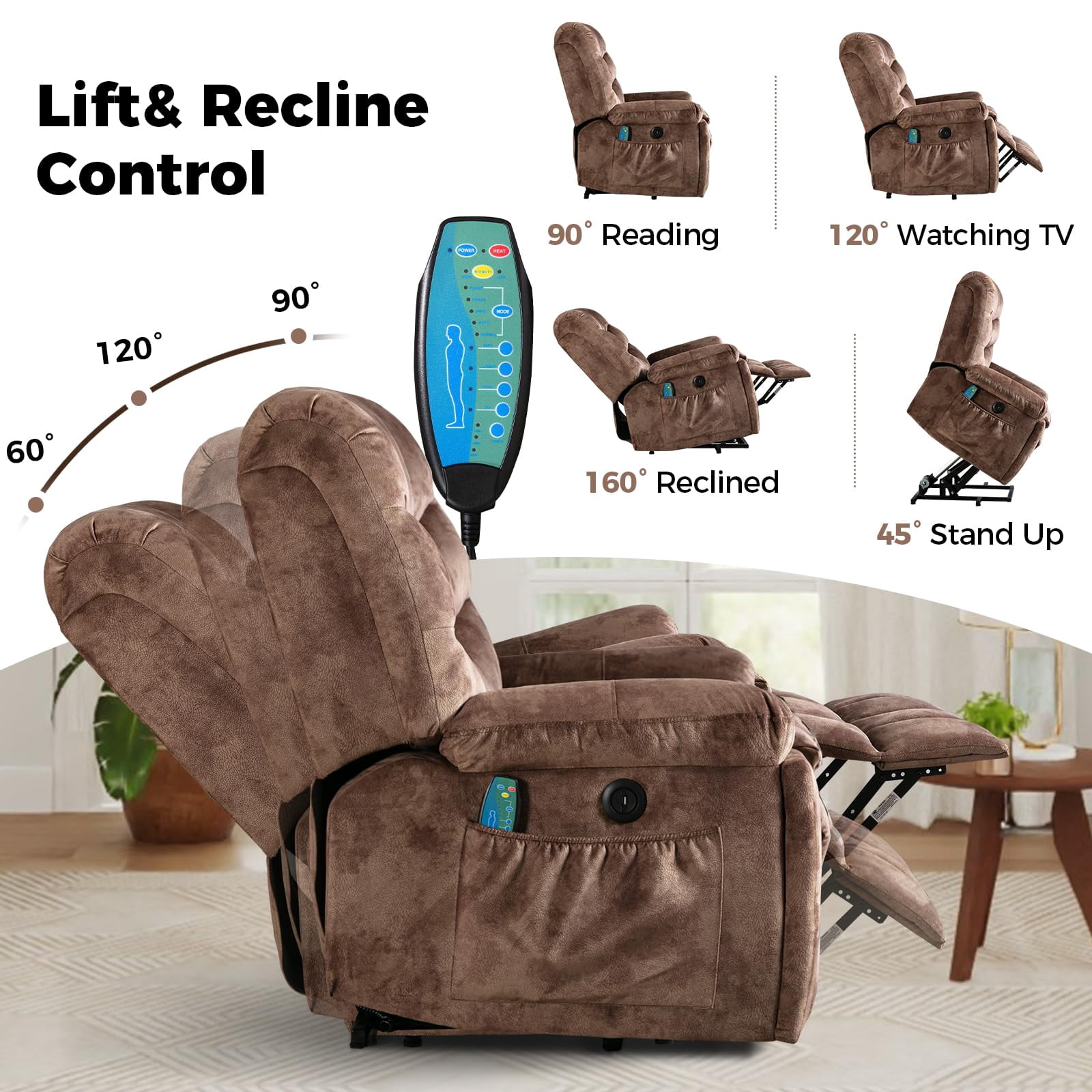 Ebello 40.5" Wide Extra Large Microfiber Electric Heated Massage Lift Recliner Living Room Chair with 2 Cup Holders, Brown