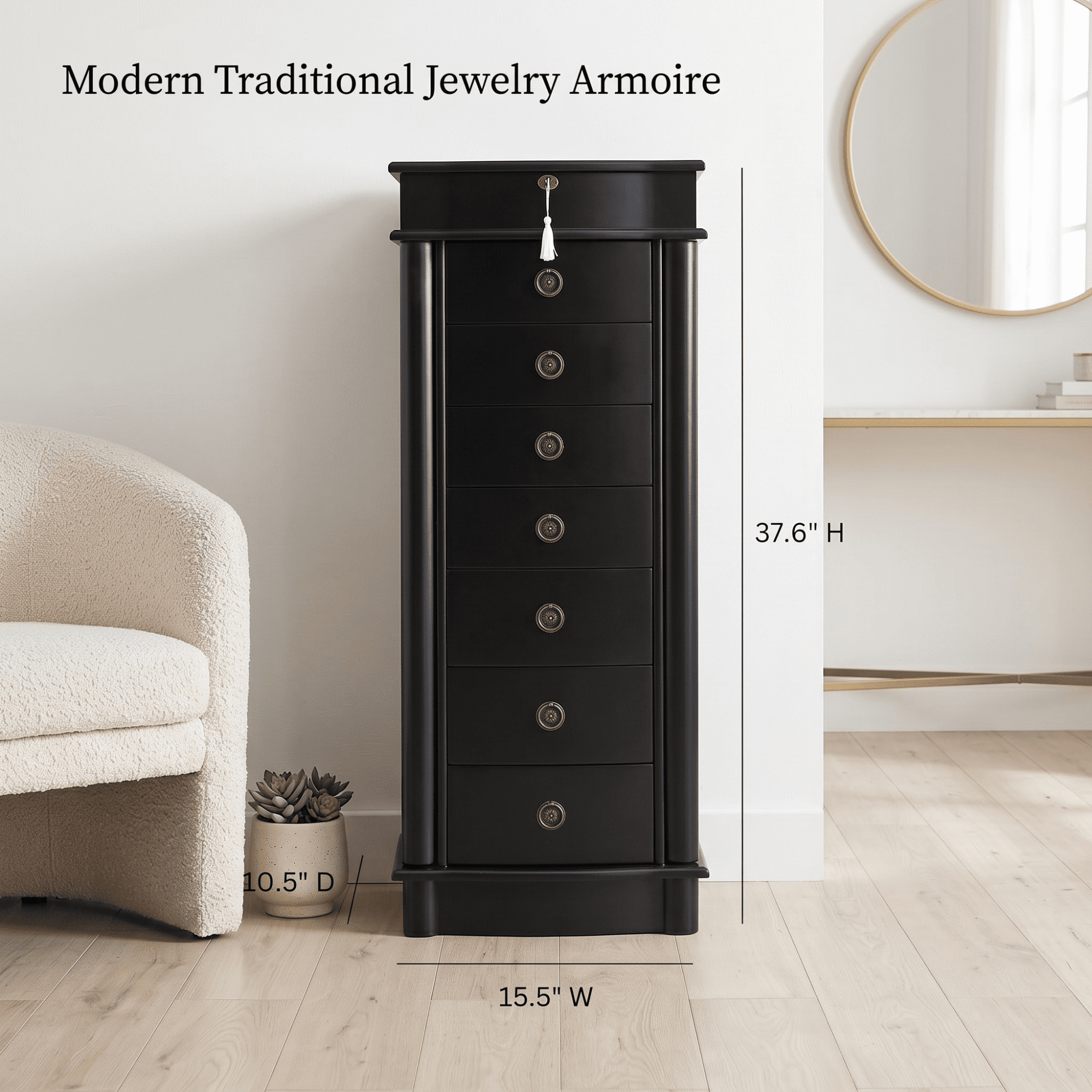 Hives and Honey Nora Traditional Jewelry Armoire with Locking Compartment and Ample Storage, Black
