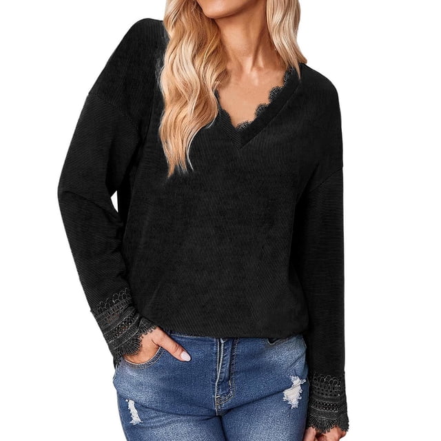 Mujeres Tops Camisas Blusas Elegantes Casuales Camisas de manga larga Jersey de moda Cuello en V Encaje Soild Odeerbi ODB-5