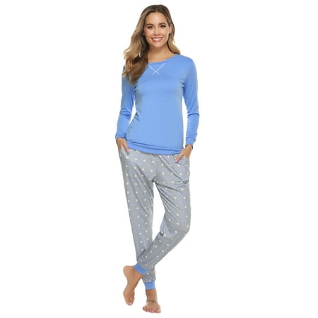 

Doaraha Women Pajama Set Long Sleeve Cotton Loungewear Round Neck Sleepwear Wave Point Printed Soft Pjs Set with Pockets