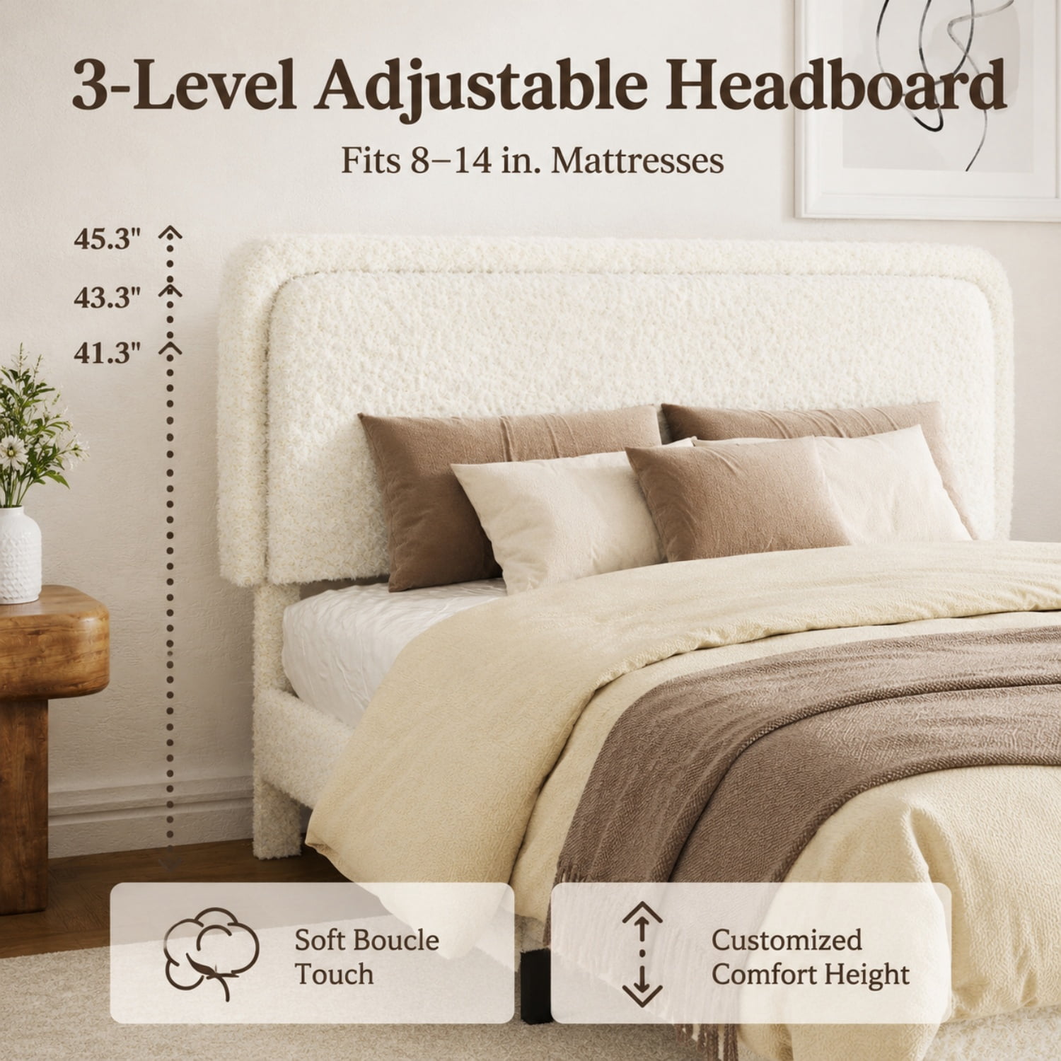 Miniyam King Size Boucle Upholstered Platform Bed Frame with Adjustable Headboard and Wood Slat Support, White