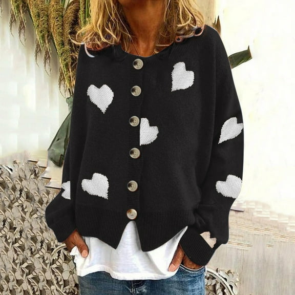 Pxiakgy cardigan for women Women's Heart-shaped Embroidered Knit Cardigan Sweater Slim O-neck Long Sleeve Sweater long cardigans for women Black   L