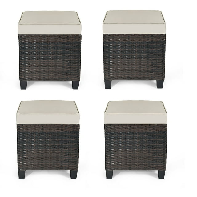 Gymax Pouf en Rotin 4 Pcs Mobilier de Patio Extérieur Repose-Pieds Rembourré