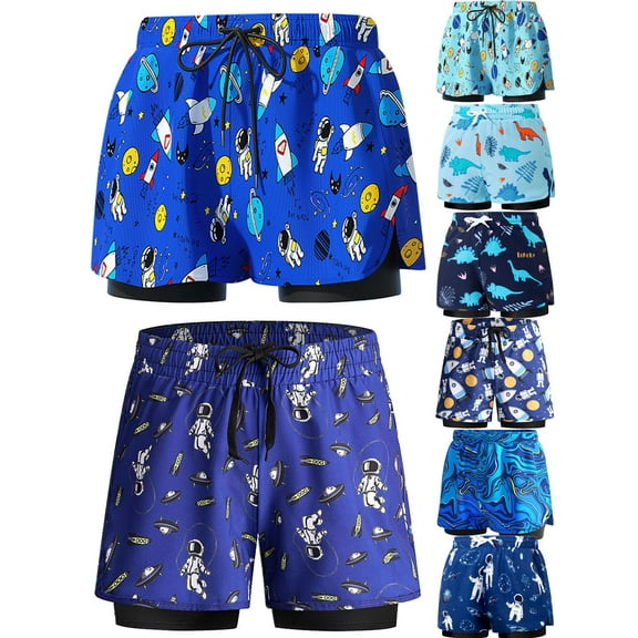 Boys Swim Trunks with Boxer Brief Liner Compression Swimming Shorts Stretchy UPF Quick Dry Swimsuit