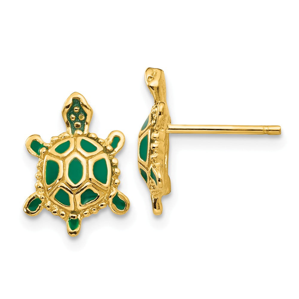 12mm x 9mm Solid 14k Yellow Gold Green Enameled Turtle Post Earrings