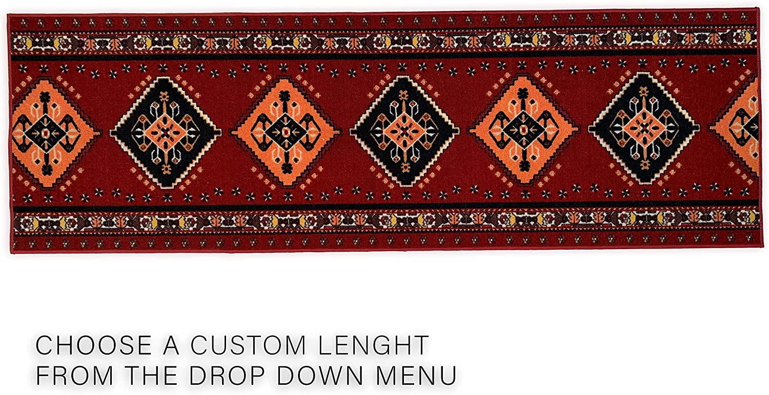 Runner Rug for Hallway Southwestern Burgundy Color 26 Inch or 31 Inch Wide by Your Length Choice Slip Resistant Rubber Backing Stain Resistant Pile Stair Runner