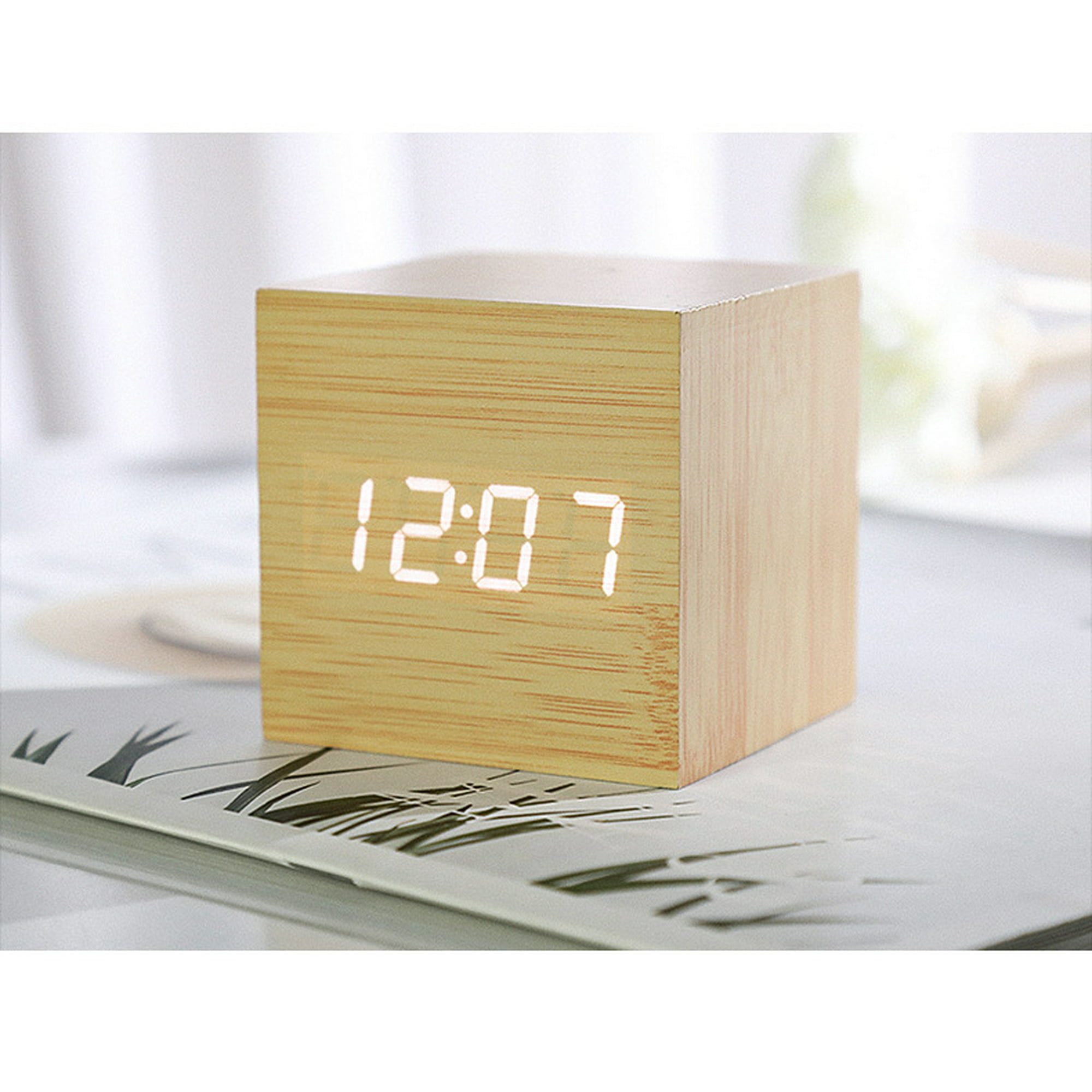 Wooden cube digital alarm clock with LED electronic time display Mini wooden  cube design table clock voice control timer calendar red light | Walmart  Canada