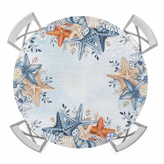 Elastic Fitted Round Tablecloth, Blue Coastal Waterproof Stretch Table Cover for 55"-60" Tables, Starfish Eucalyptus Leaves Ocean Conch Shells Washable Outdoor Tablecloths for Patio, Picnic, Camping