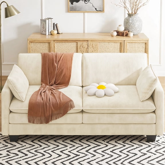 Sofa, Couches for Living Room, Double Layer Cushion with Deep Seat & 2 Armrest Pillows for Bedroom Apartment Office, Corduroy Fabric, Beige
