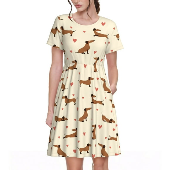 Saiise Heart Dachshund Pattern Summer Dresses for Women Casual Tshirt Short Sleeve Floral Sundress Beach Cover Ups with Pockets