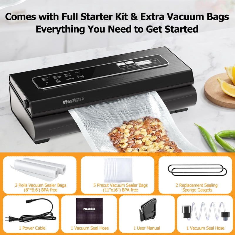 TINKLE WELL 6-in-1 Compact Vacuum Sealer Machine, Food Preservation System with Dry & Moist Modes, Includes 2 Bag Rolls + 5 Pre-Cut Bags, Cutter & ETL Listed, Black