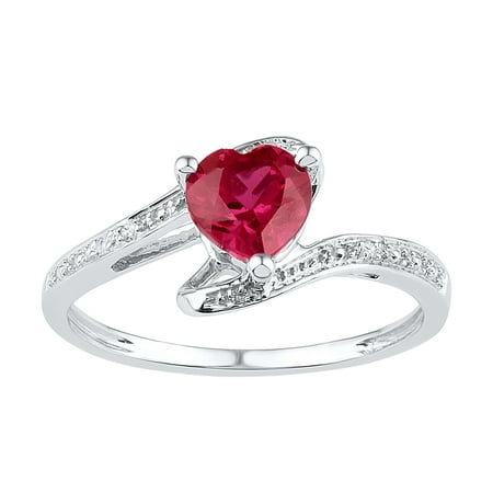 - Sterling Silver Womens Heart Lab-Created Ruby Solitaire Diamond Ring 1-1/10 Cttw