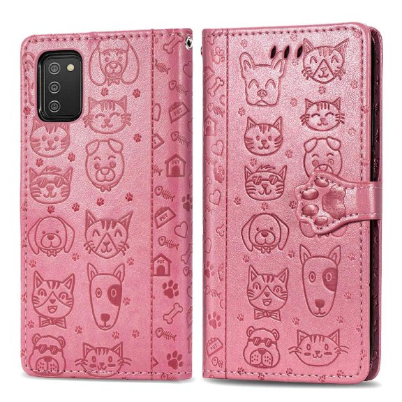 Funda Cartera FOXDOCK para Samsung Galaxy A02S , Flip PU con Relieve de Gatos y Perros, Tarjetero y Soporte