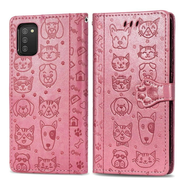 Funda Cartera FOXDOCK para Samsung Galaxy A02S , Flip PU con Relieve de Gatos y Perros, Tarjetero y Soporte