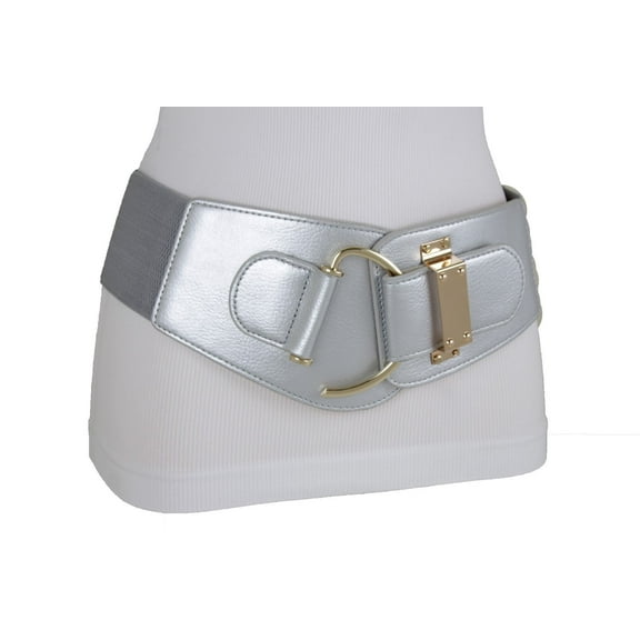 New Women Silver Color Faux Leather Stretch Band Fashion Belt Gold Hook Buckle S M