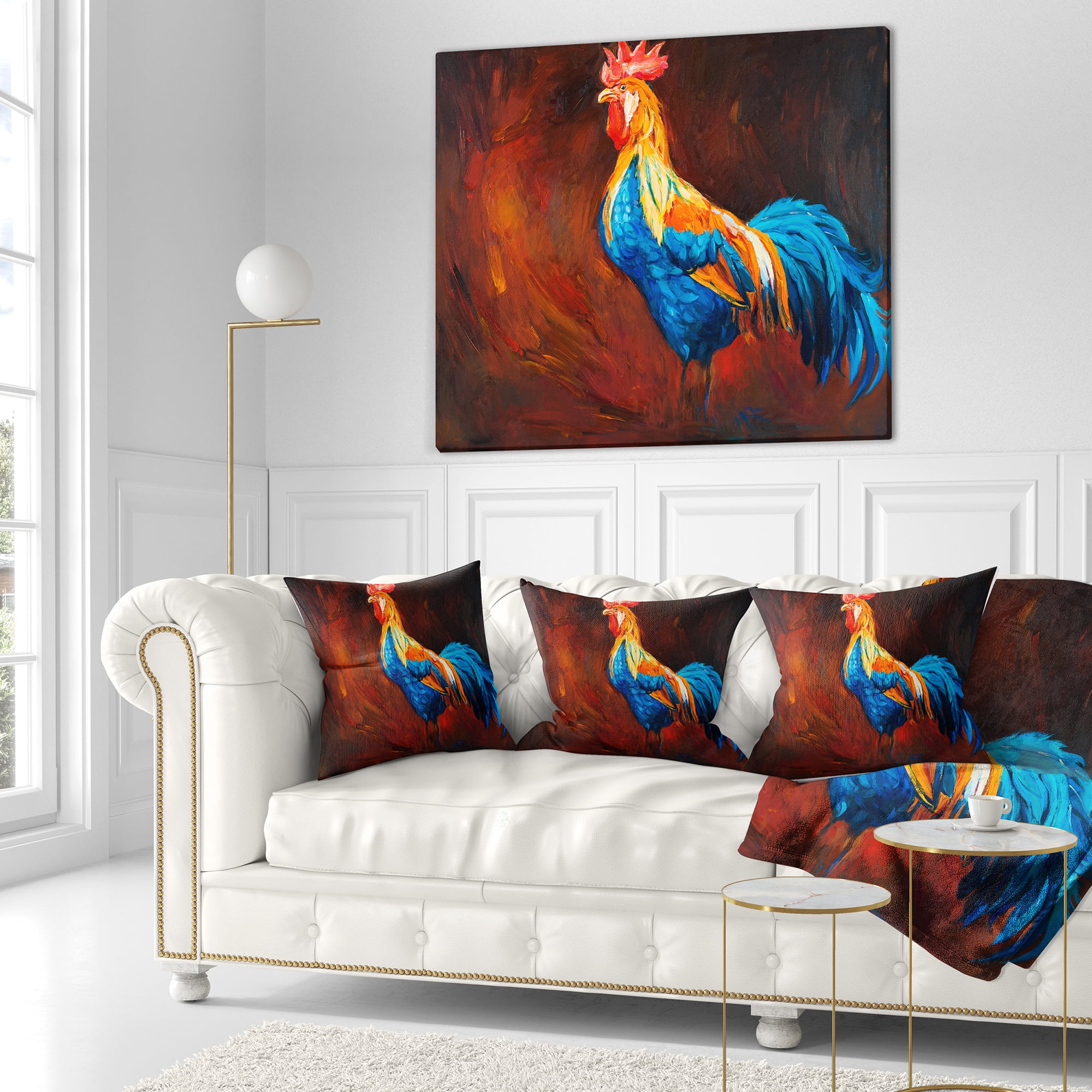 Designart Blue and Orange Rooster - Animal Throw Pillow - 16x16