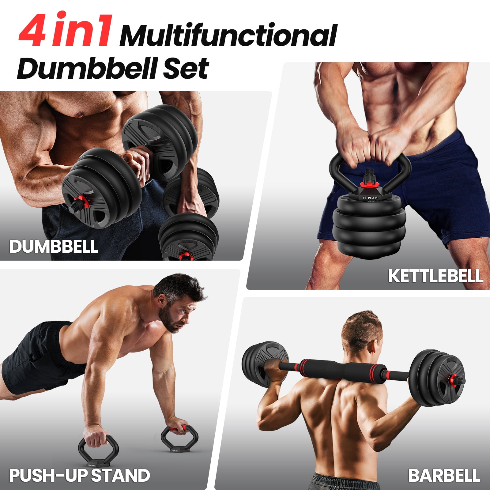 90lbs Free Weight Set with Connector, 4 in1 Dumbbells Set as Barbell, Kettlebells, Push up Stand, Fitness Exercises for Home Gym Suitable Men/Women