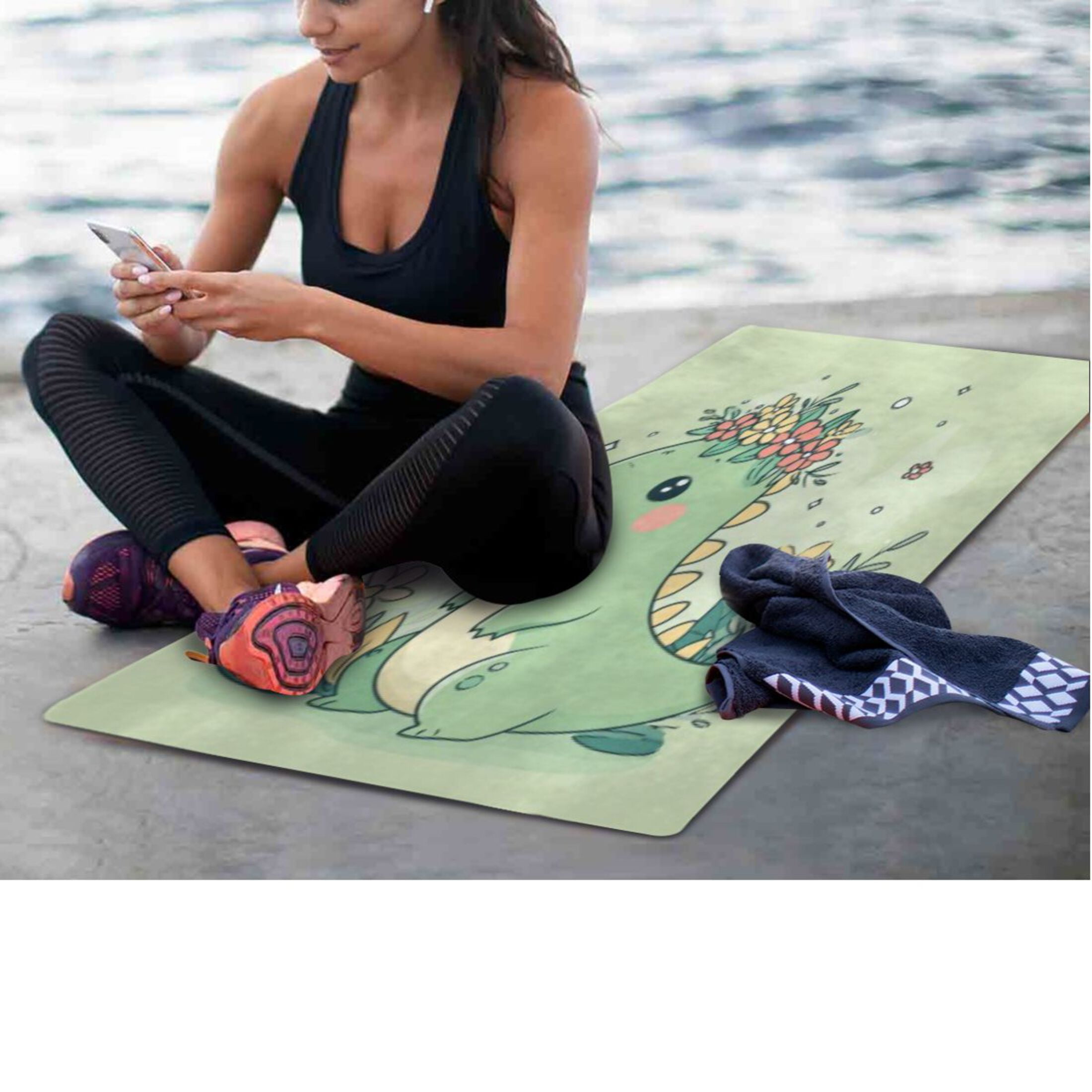 BZSMCE Yoga Mat Women Fitness Mat Lossom Crown Green Dino Pattern