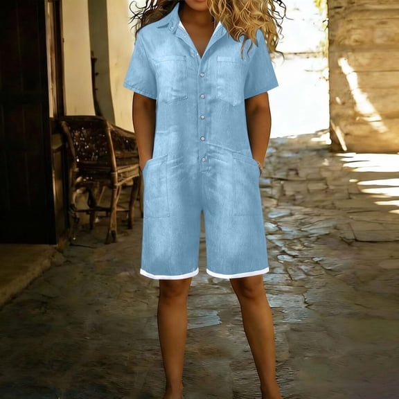 Womens Casual Short Sleeves Denim Romers Elastic Waist Button Down Onesie Jumpsuits Hem Jean Short Jumpsuit with Pockets(Blue,XL)