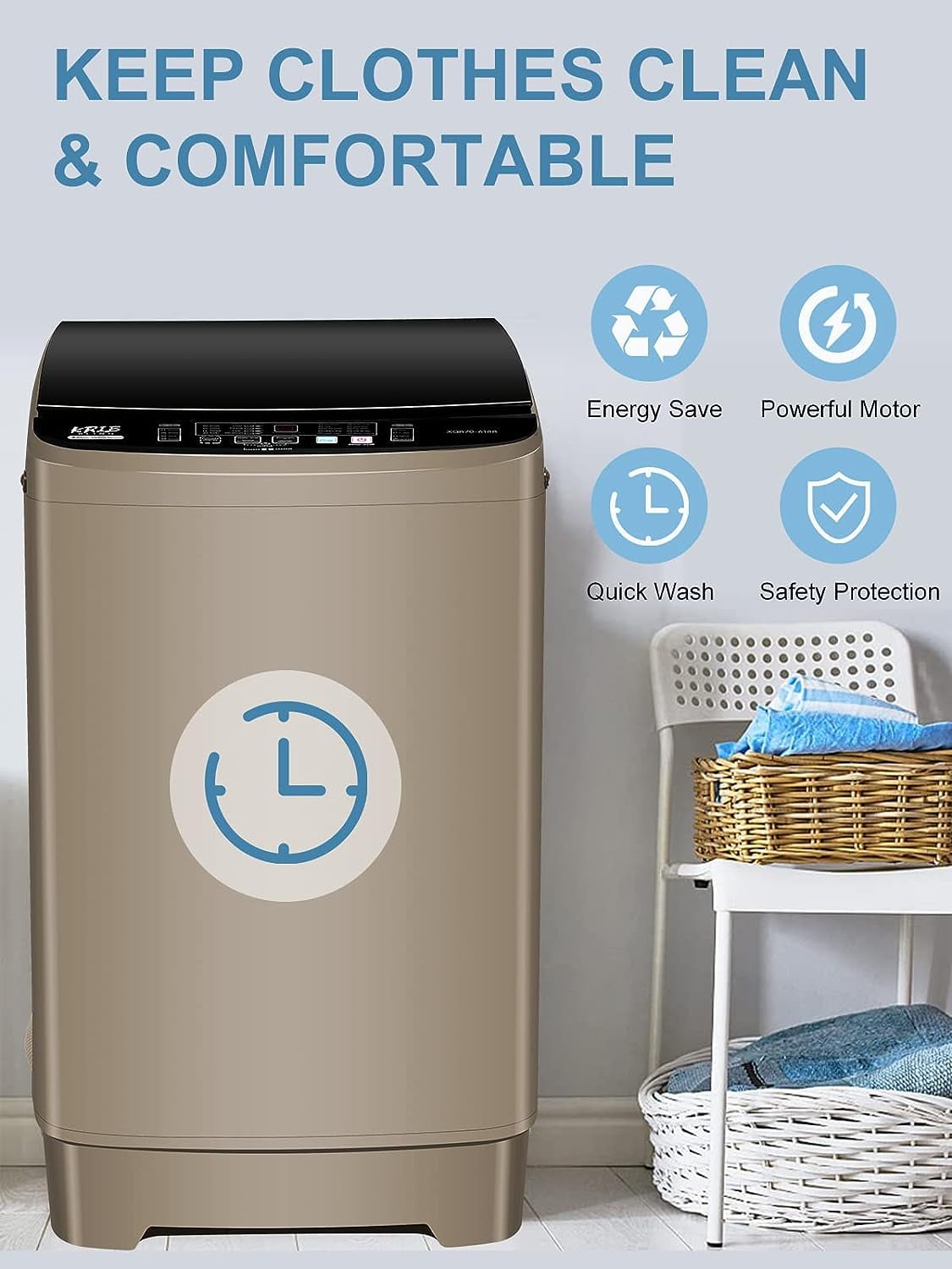 17.7 lbs Full Automatic Washing Machine with LED Display Compact Washing Machine with Drain Dump, 10 Wash Programs and 8 Water Levels Ideal for Dorms, Apartments, Coffee Gold