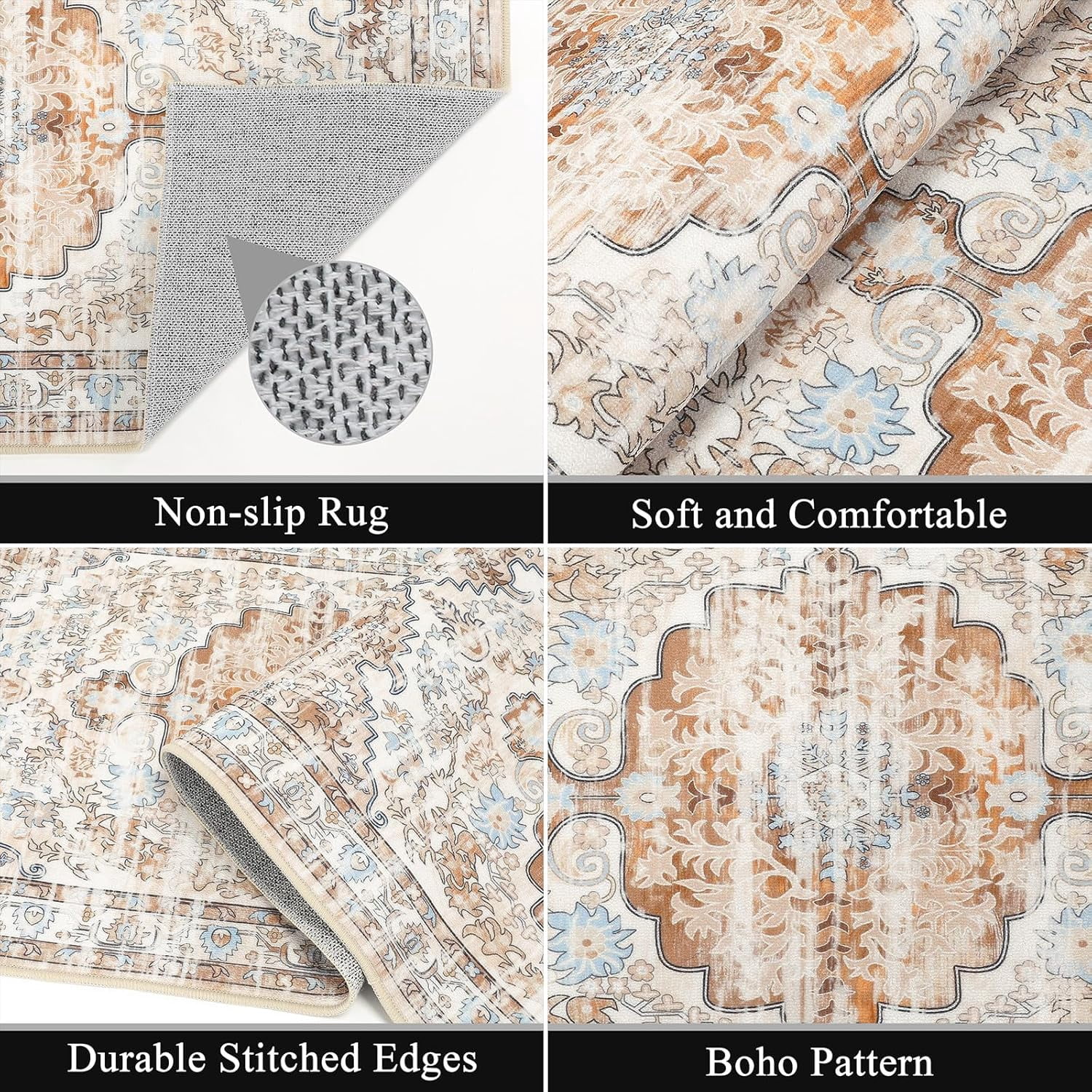 Kitchen Rugs Sets of 3 Boho Kitchen Floor Mat Carpets Non Skid Machine Washable Kitchen Runner Area Rugs for Kitchen Floor Hallway Living Room Laundry Entryway, Light Brown