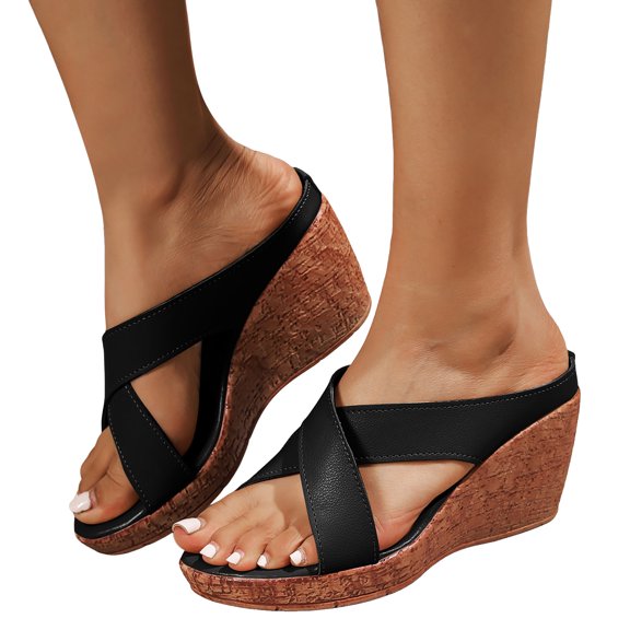 Rokment Women's Cork Footbed Wedges Dressy Slippers Sandals Stylish Casual Cross-Band Leather Platform Chunky Slip on High Heels Beach Summer Dress Slides Shoes Black Size 6