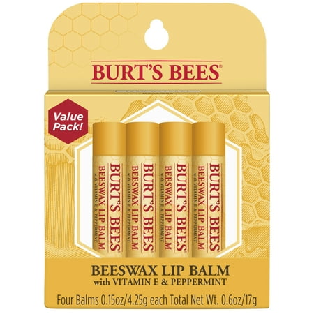 Burt's Bees 100% Natural Moisturizing Lip Balm, Original Beeswax with Vitamin E & Peppermint Oil - 4 Tubes