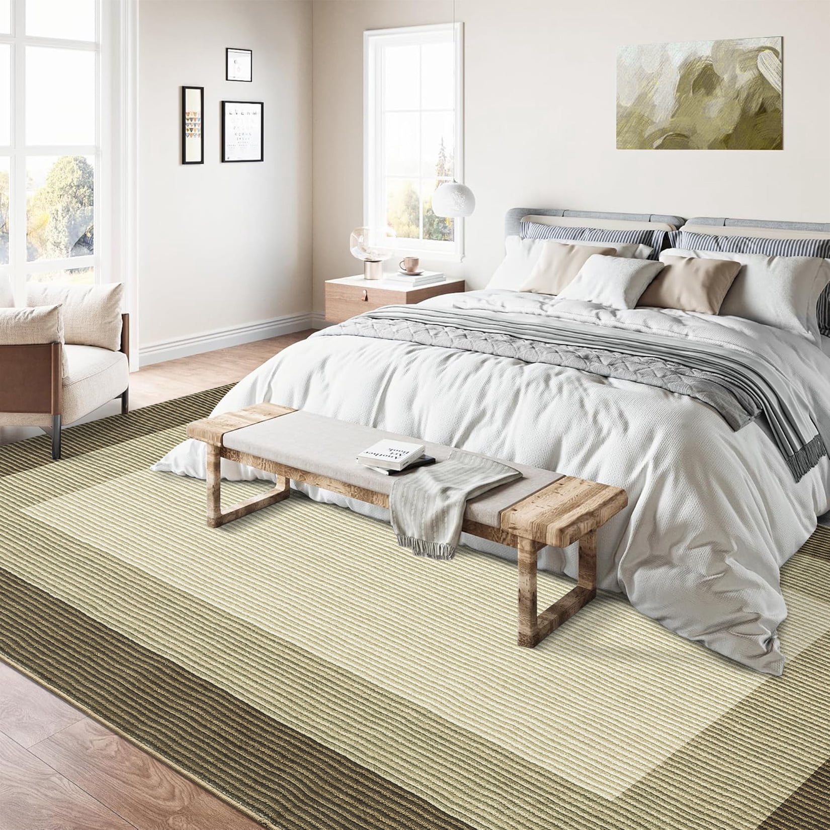 Haperlare Bordered Strip Print Area Rugs Washable Low Pile Rugs for Family Room Nursery Modern Brown Indoor Floor Carpet,10'x13'
